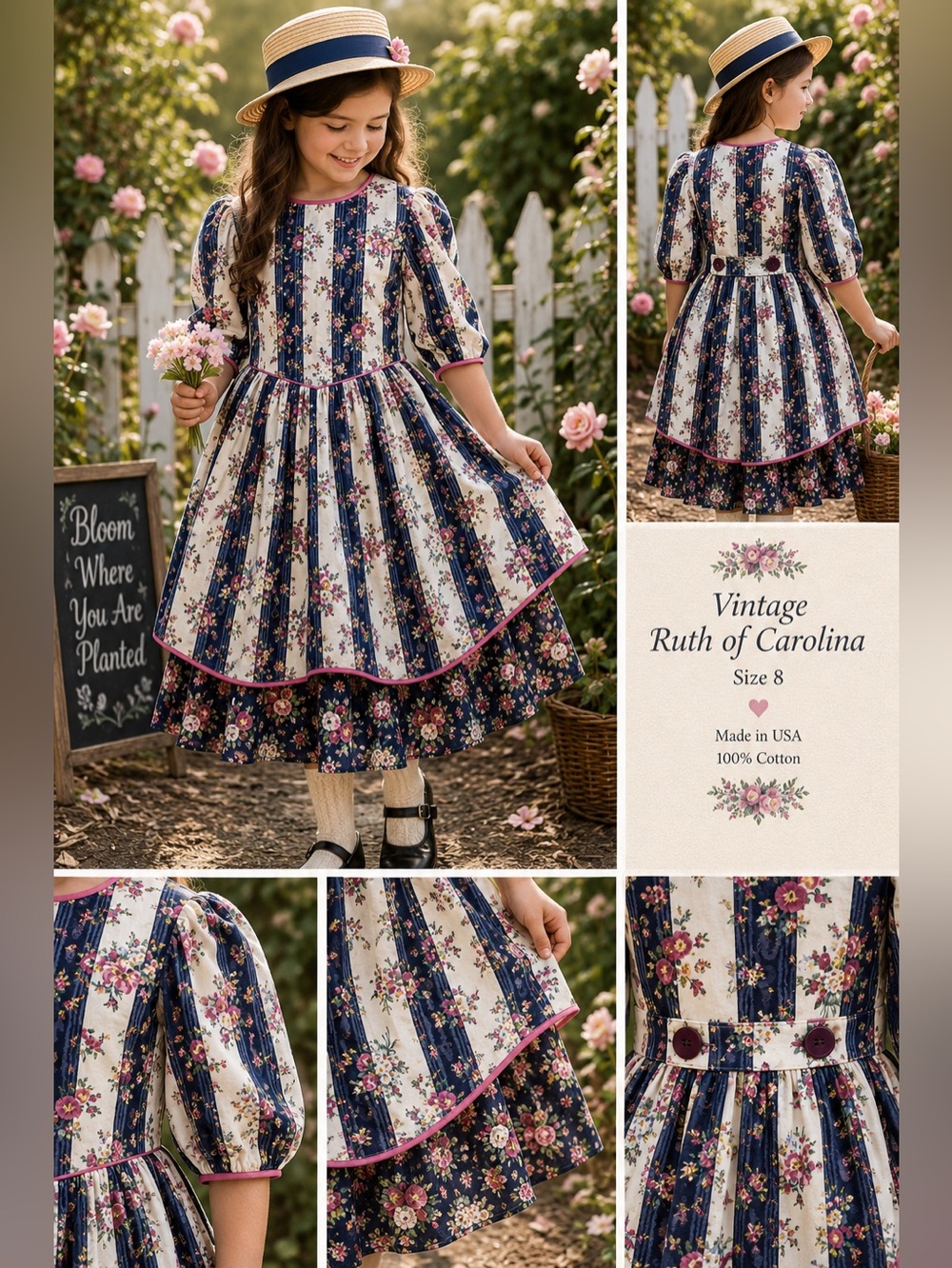 Girls' Vintage Floral Tiered Dress in Navy and Cream
